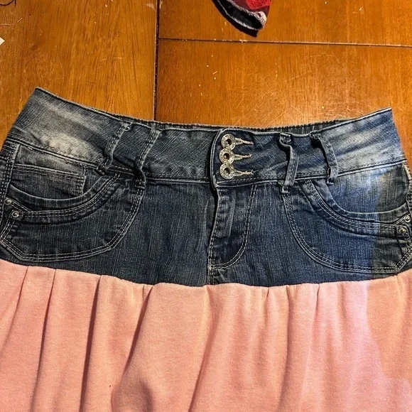 Pink skirt up cycle hand made denim rib knit eyelet size 9 - Picture 6 of 7